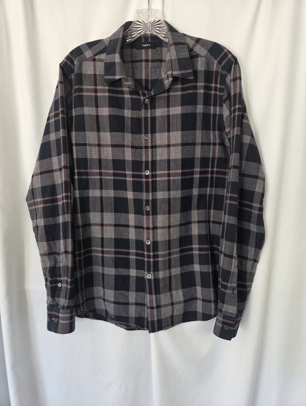 Theory Navy/Gray Plaid Button-Down Shirt with Burgundy Accents Size M